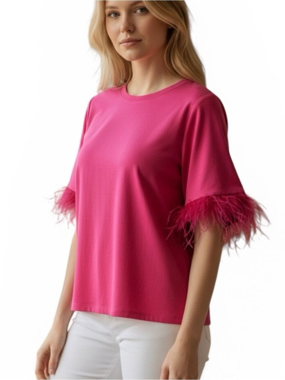 For Cynthia Hot Pink Stretchy Tee with Feather Trim Short Sleeves Small